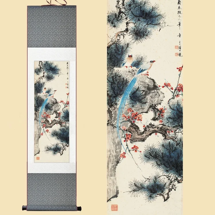 

Chinese Silk Watercolor Flower Birds Plum blossom pine tree feng shui ink art wall picture damask framed scroll canvas painting