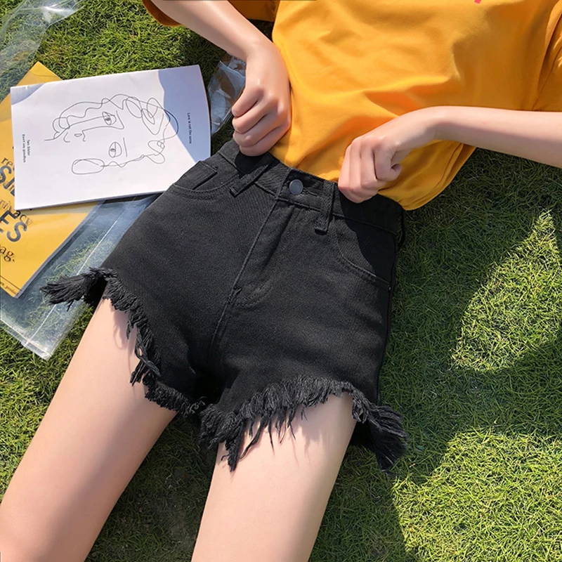 Лето новые корейские черные женские шорты размера плюс рваные джинсы с высокой талией, женские сексуальные шорты в уличном стиле