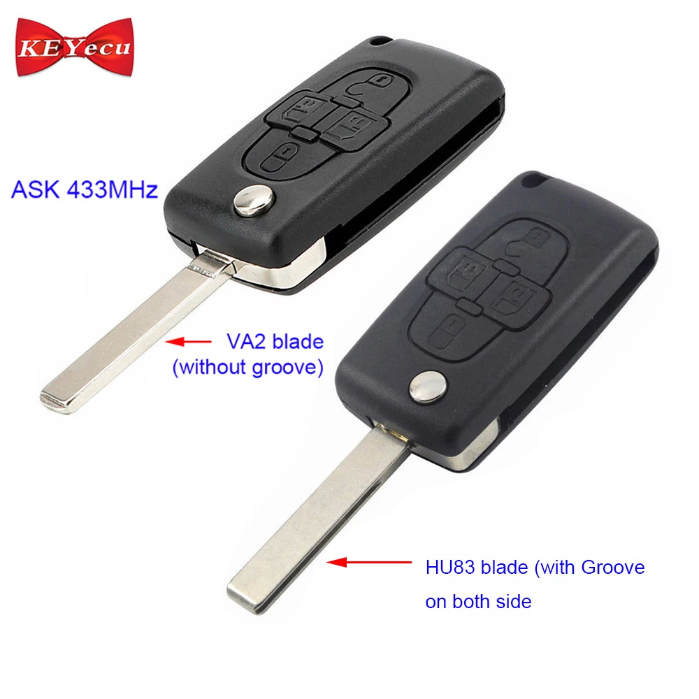 

KEYECU for Peugeot 1007 for Citroen C8 New Replacement Remote Control Car Key Fob ASK 433MHz VA2 Blade/ HU83 Blade 4 Button