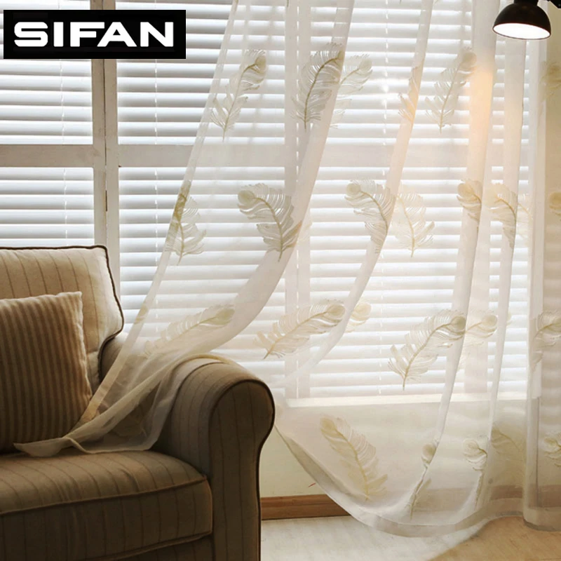 New White/Blue Feather Embroidered Voile Curtains for Living Room the Bedroom Sheer Curtains Tulle Window Fabric Drapes