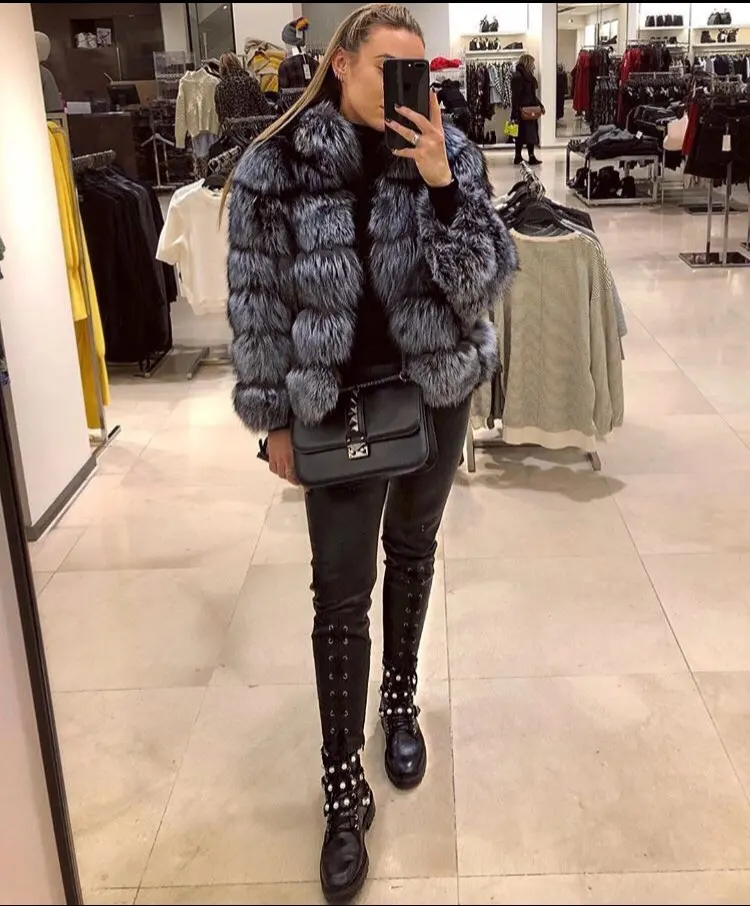 

Jin Li Di Ang Women Real Natural Silver jacket Fluffy Fox Fur Lady Genuine Leather Coat winter dress winter blouse