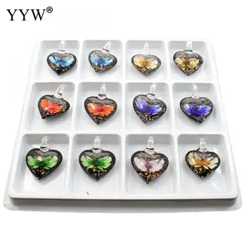 

12pcs/Box Mixed Colors Inner Flower Lampworked Glass Pendants Western Heart Pendant Charm With Necklace Earring Pendants 2019