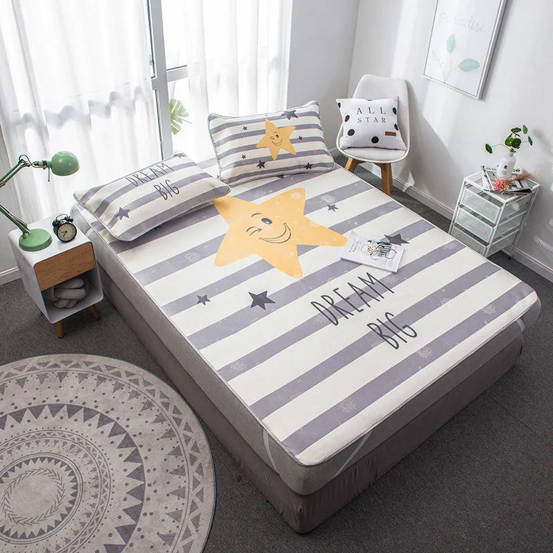 

Cartoon Stripe Summer Sleeping Bed Mat Foldable Bed Sheet Children Bed Mattress Protector Cover Summer Ice Silk Sleep Mat Set