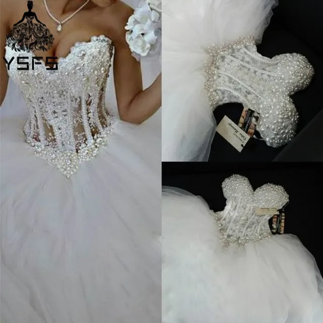 Luxurious Bling Sweetheart Ball Gown Strapless Wedding Dresses Luxurious Bling Sweetheart Ball Gown Strapless Wedding Dresses Corset Bodice Sheer Bridal Crystal Pearl Beads Rhinestones