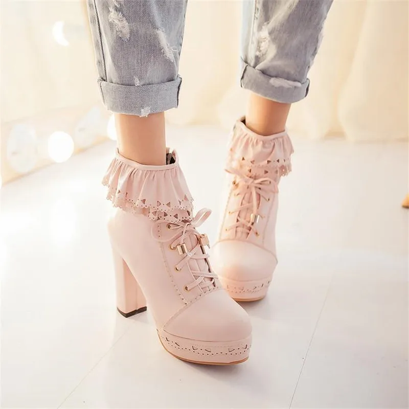 Winter New Lolita Boots Shoes For Woman Platform High Heel Sweet Bow Ruffles Women Ankle Boots Lolita Princess Shoes Big Size 43 (15)