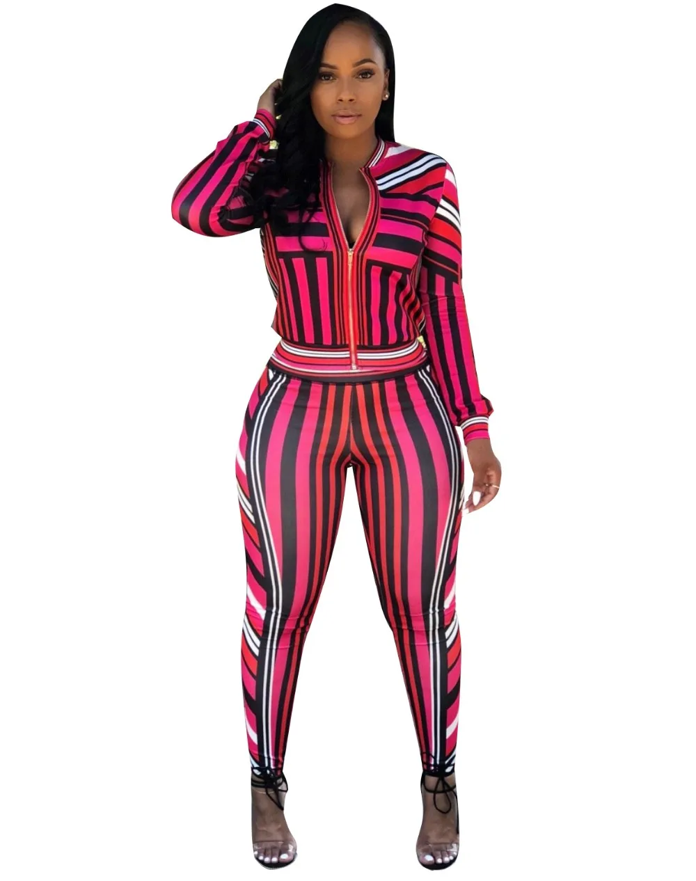 Red Striped Casual 2 Piece Matching Set Women Front Zip Long Sleeve