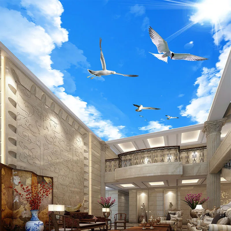 Custom Mural 3d Stereo Blue Sky White Clouds Bird Ceiling Murals