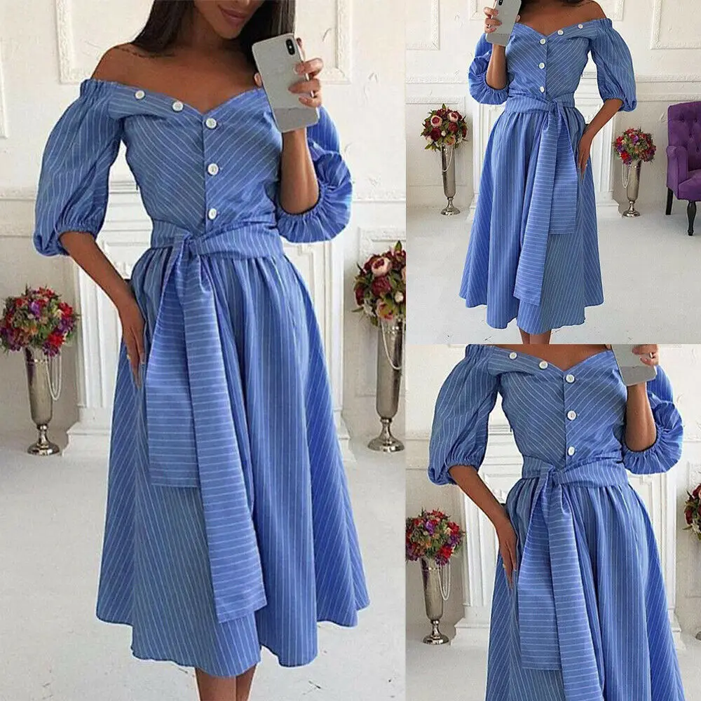 

Blue Striped Dress Bow Bandage Sexy Summer Spring Off Shoulder Women Party Dresses Single-Breasted Midi Elegant Shirt Dress
