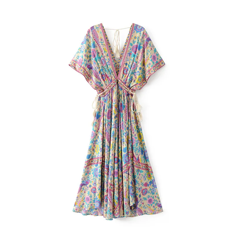 

Robe Sexy Boho Sundress 2018 Floral Print Summer V-neck Tassel Batwing Short Sleeve Casual Women Dresses Boho Chic Long Dresses