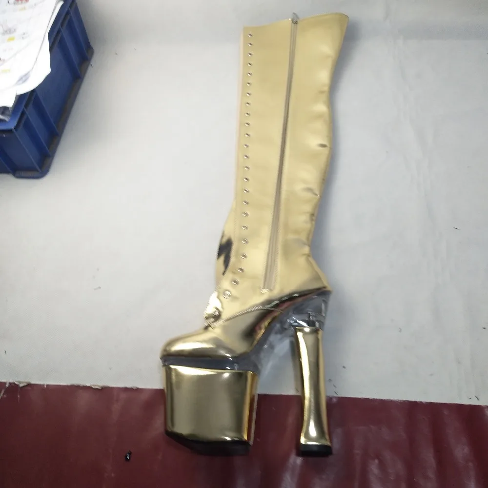 Neue gold Mode Blau orange Zeigen Farben Modell Maß 18 Nach Knie Verschiedene Bühne Ferse Quadratische Hohe Cm Ferse Nachtclub 18 Stiefel 18cm dHxqTrpH
