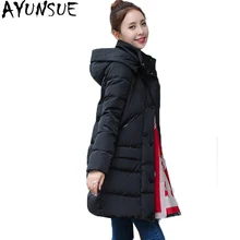 AYUNSUE Высокое качество осень-зима утиный пух Для женщин куртка теплая длинная намотки выключатель женский пальто с капюшоном плюс SizeLX1005