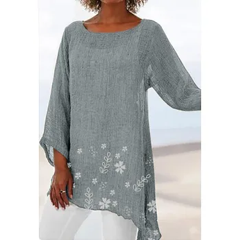 

Plus Size Women Tops Fashion Casual Long Sleeve Summer Top O-Neck Print Irregular Beach Blouse Roupas Feminina