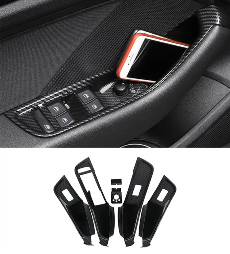 

Car Window Glass Lifting Buttons Frame Door Storage Box Cover Trim 6pcs For Audi A3 8V 2014-2018 LHD ABS Carbon Fiber Style