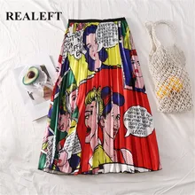 REALEFT Новое поступление элегантные женские Мультяшные Печатные Элегантные гофрированные длинные юбки с высокой талией Harajuku тюлевые трапециевидные юбки до середины икры