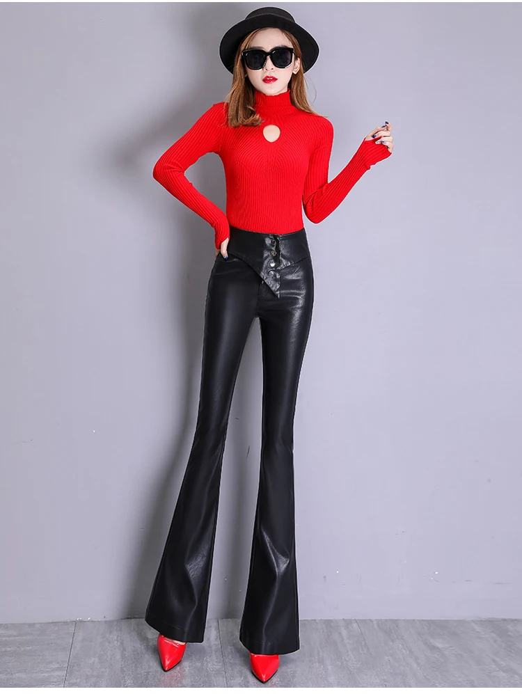 Осень-зима пикантные красные, черные из искусственной кожи длинные брюки тощие детски брюки-клеш для Для женщин женские Повседневное штаны Панталоны