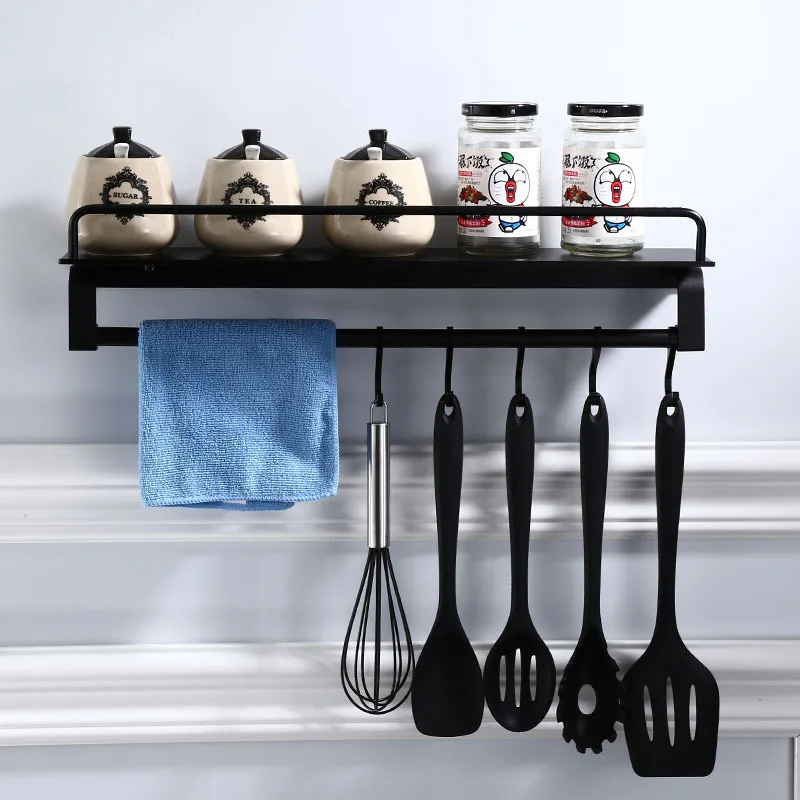 

Kitchen shelf rack black seasoning bathroom shower gel rack free punch towel rack tray kitchen storage shelf kitchen tools