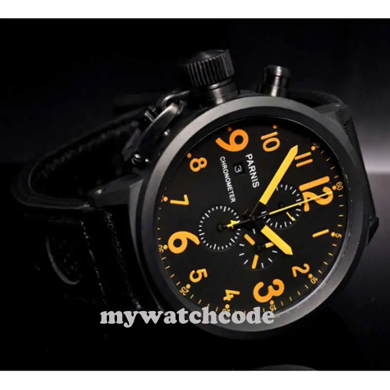 50mm Parnis black dial orange marks PVD Chronograph Lefty quartz mens Watch P187
50mm Parnis black dial orange marks PVD Chronograph Lefty quartz mens Watch P187