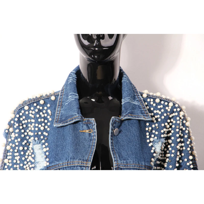 Forme Perles De Avec Complet 073 Poitrine Automne Minceur xitao Régulier down Femmes Blue Unique Turn Collar Nouvelle Manches Veste Denim Ofb xqX1ztv