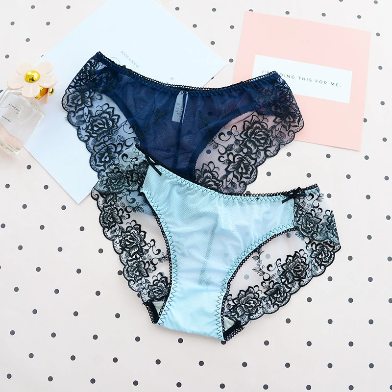 DERUILADY Lace Embroidery Transparent Panties Seamless Lace Sexy Net Yarn Panties Low waist within Temptation Underwear Women