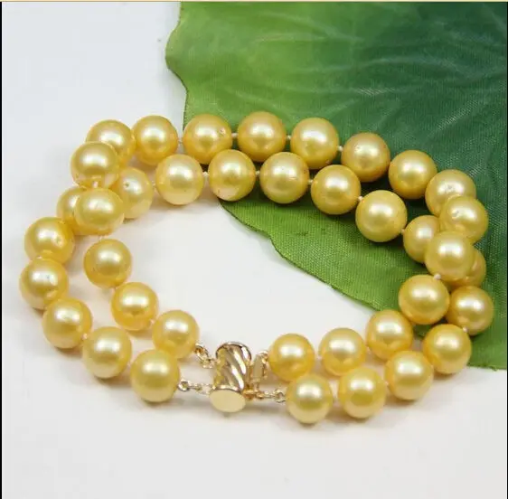 

2 ROW 10-11MM NATURAL SOUTH SEA GENUINE YELLOW PEARL BRACELETS 7.5''14KGP r