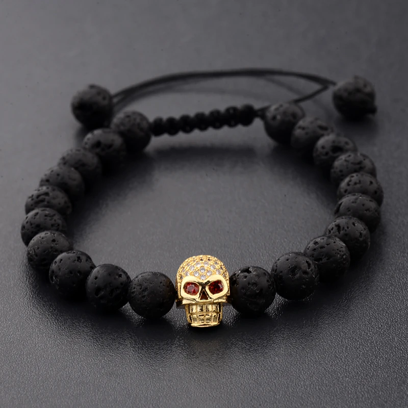 DOUVEI New White CZ Skeleton Black Natural Lava Stone Beads Bracelet 3 Colors Men Rope Chain Bracelet Homme For Women ABL001