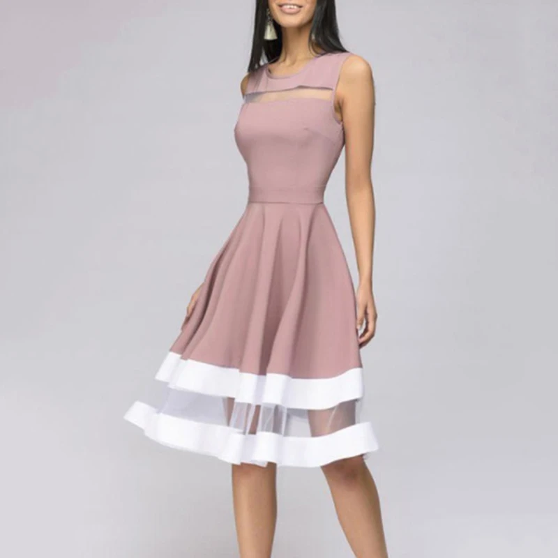 

Womens Retro Contrast Color Dress Ladies Sleeveless Party Evening Midi Dresses