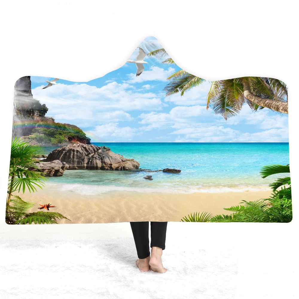 

Trop[ical Ocean View Sherpa Throw Blanket 3D Print Plam Trees 1PCS Boy Wearable Plush Hooded Blanket Bed Rug 150x200/130x150cm