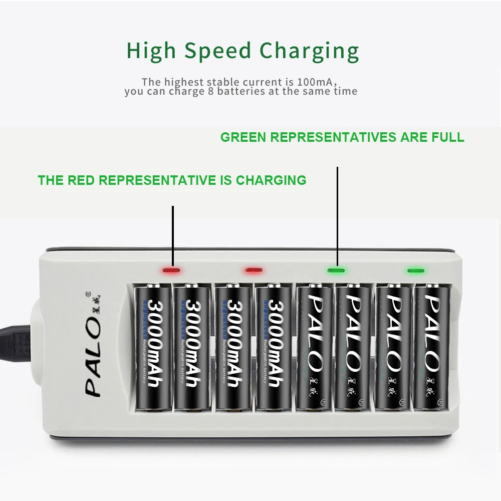 PALO Quick Charger 8 Slots smart battery charger for AAA AA rechargeable battery 1.2V NI-MH NI-CD AA AAA rechargeable batteries PALO Quick Charger 8 Slots smart battery charger for AAA AA rechargeable battery 1.2V NI-MH NI-CD AA AAA rechargeable batteries