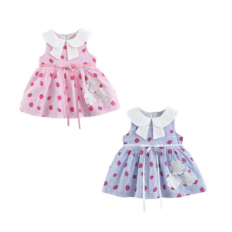 

Baby Summer Girls Dress Round Neck Cotton Strawberry Stripe Print Princess Cute Sweet Stitching Sleeveless Dress