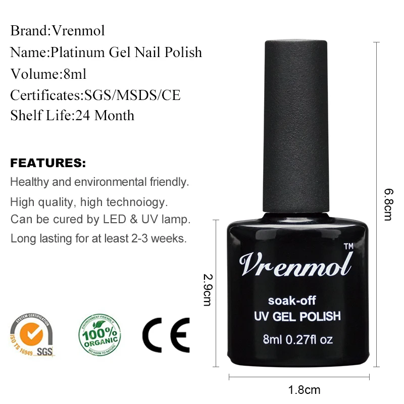 Vrenmol 1 шт. сверкающий Платиновый гель лак для ногтей замочить от УФ-Платина ногтей гелевый маникюр для 12 красочных сияющий блеск