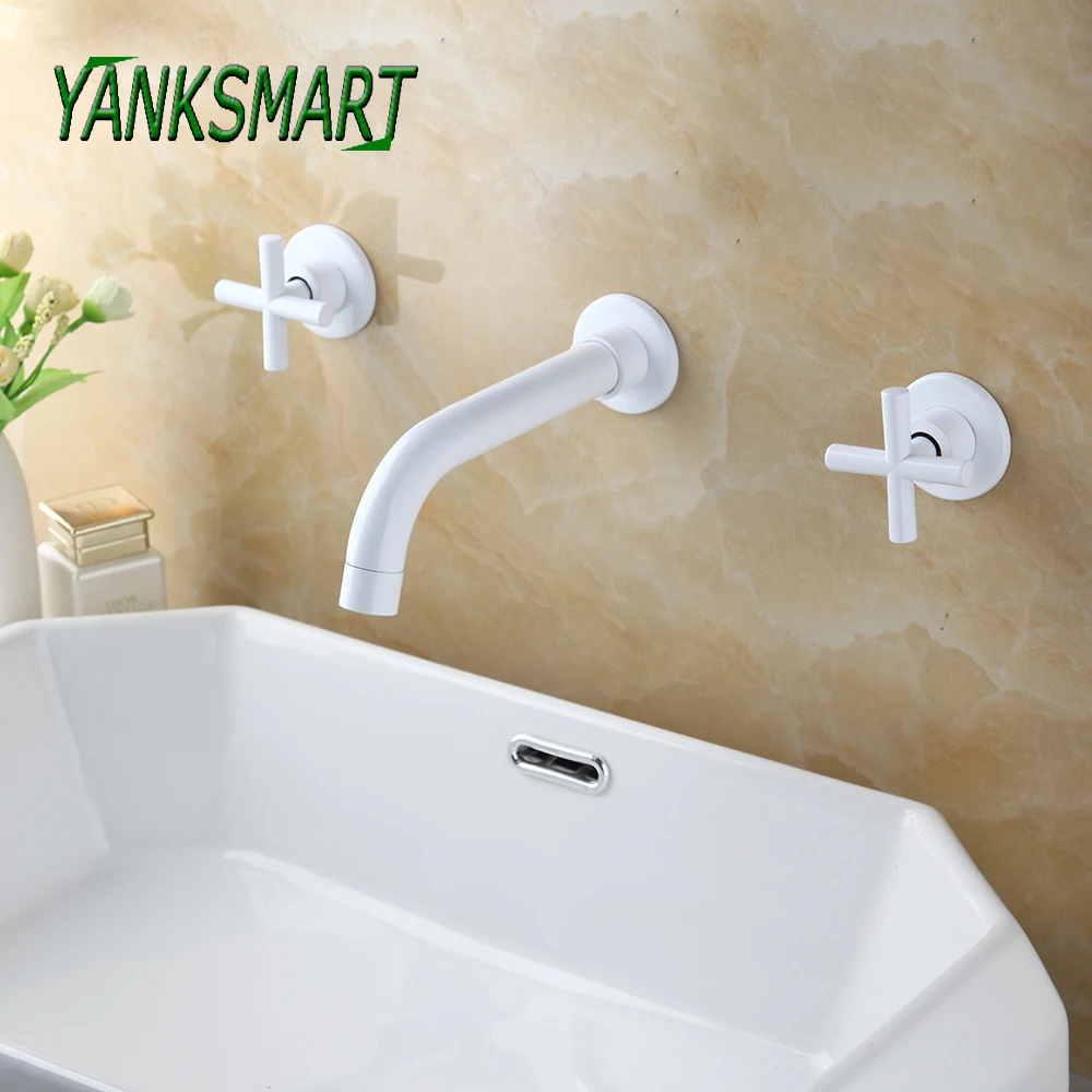 

YANKSMART Basin Faucet Wall Mounted Bathroom Sink Basin Faucets 3 Pcs White Spray Paint Taps Dual Handle Tap