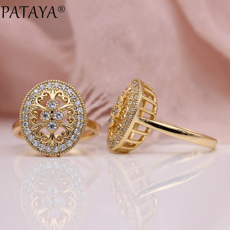PATAYA, новинка, микро воск, инкрустация, полые кольца для женщин, роскошные свадебные ювелирные изделия, 585, розовое золото, натуральный циркон, цветок, овальное кольцо