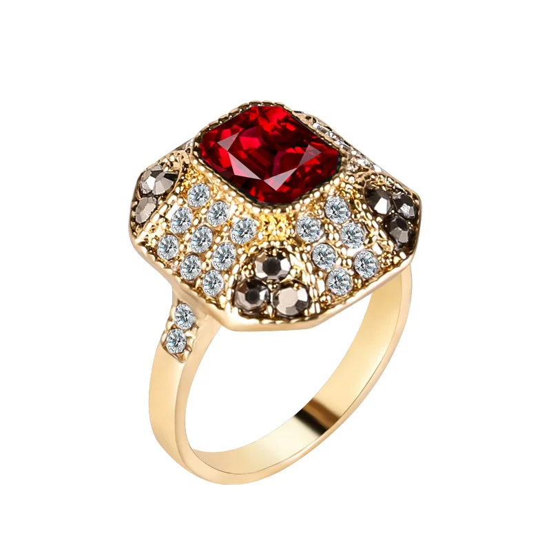

2017 Fashion Large Size Geometric Red Crystal Female Ring Plated Gold Flower Shape Ring Jewelry For Women Gifts