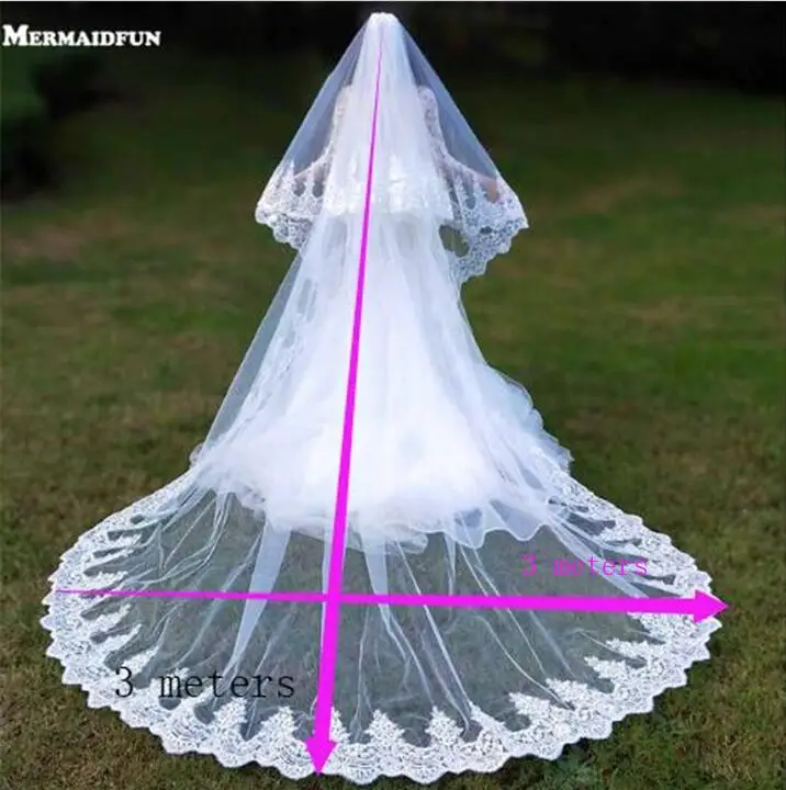 Real Photos 2 Layers Sequins Lace 3 Meters Cathedral Woodland Wedding Veils with Comb 3M Long White Ivory 2 T Bridal Veils