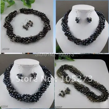 

Charming!black color Genuine freshwater pearl &Blue brown red crystal necklace earring 4set/lot free shipping A2313