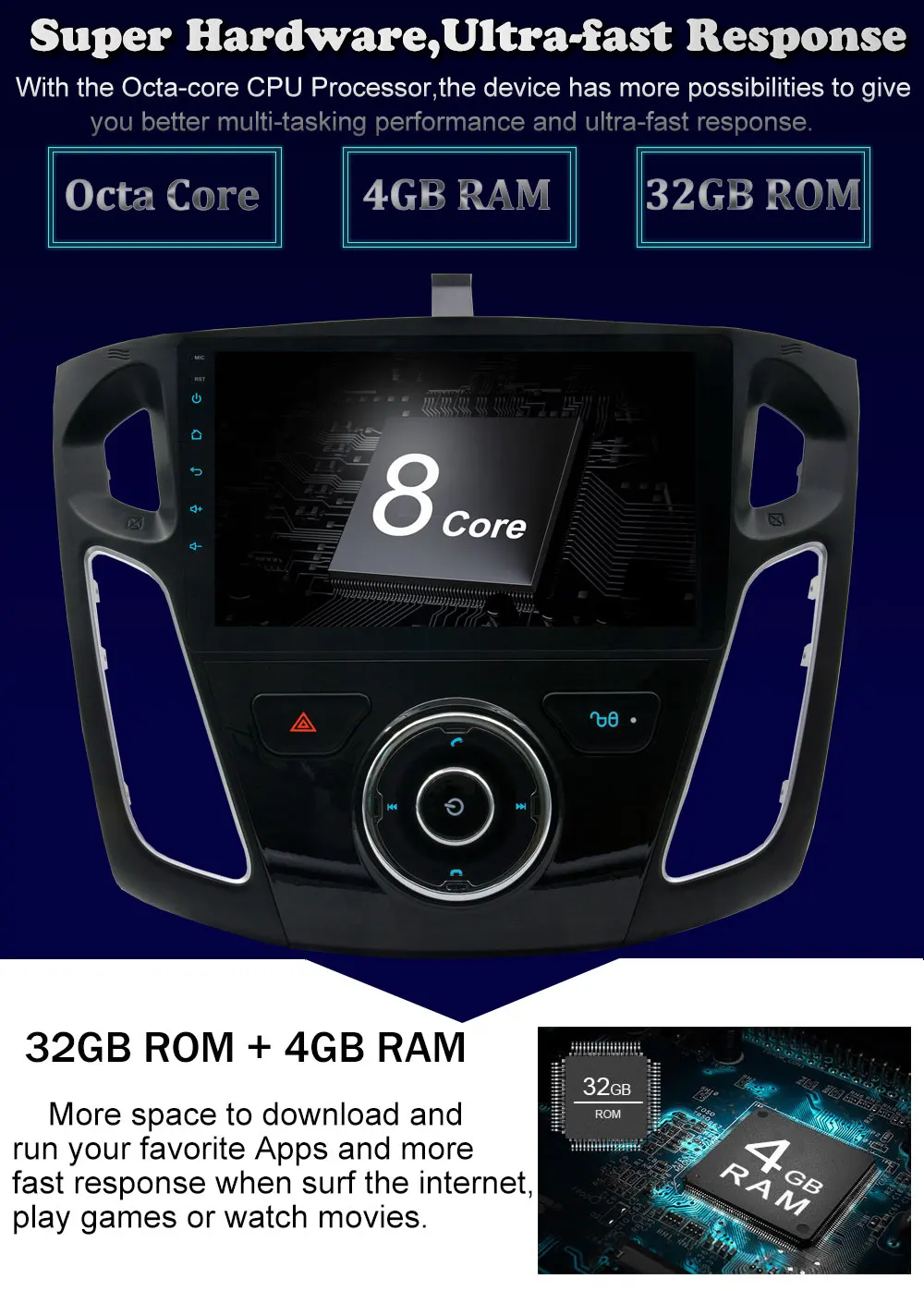 Excellent 9 inch 1024*600 4GB RAM Octa Core Android 8.0 Car DVD Multimedia For Ford Focus 3 2012-2015 Car Radio Bluetooth GPS Navigation 4