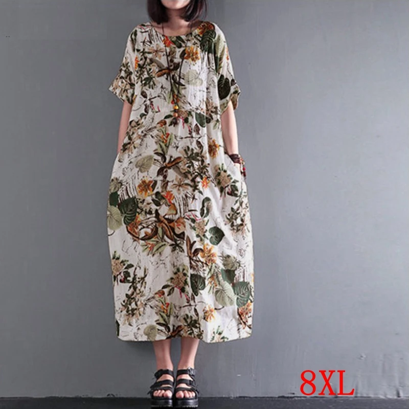 Large size women's dress plus size 5XL 6XL 7XL 8XL summer round neck short sleeve loose casual large flower print dress