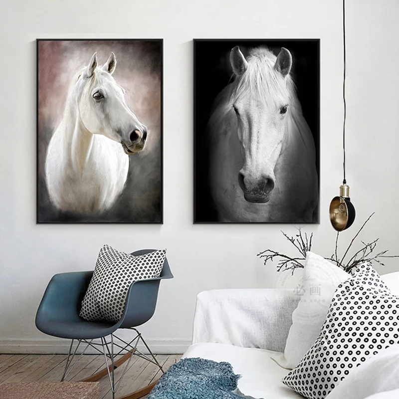 WhiteHorseAnimalsCanvasPaintingHomeDecorationWallArtPicture