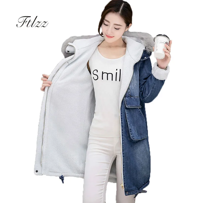 Auutmn Winter Padded Jacket Woman New 2018 Medium Long Denim Parkas Women Slim Hooded Faux Fur Collar Jeans Wool Liner Coats