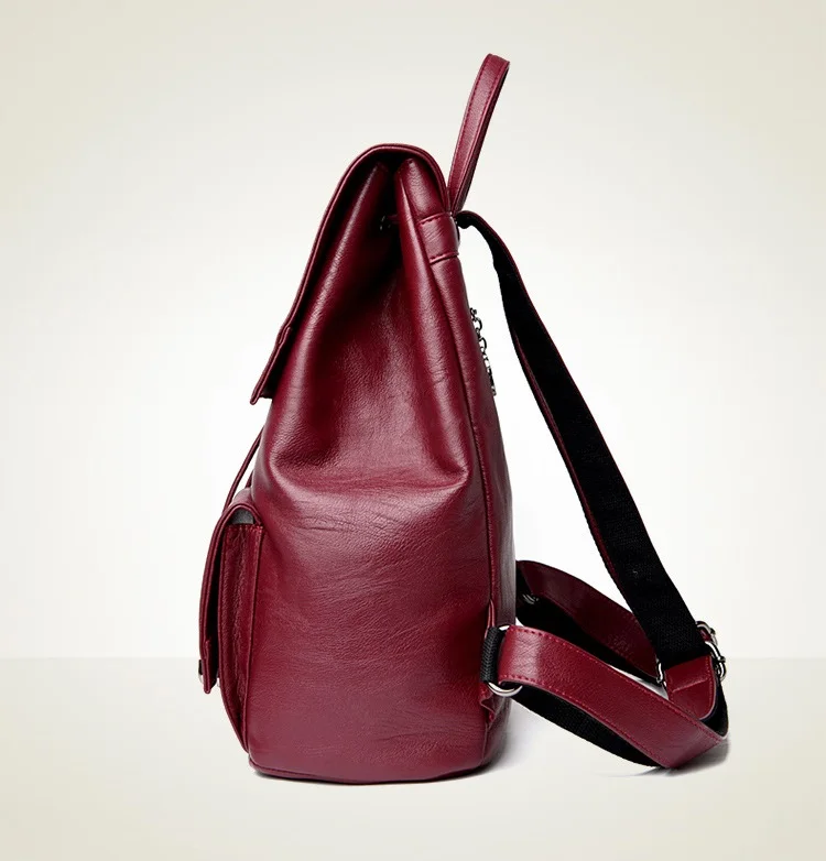 MJ Women Leather Backpack Solid PU Leather Travel Bag Branded Design Female Large School Bag for Girls High Capacity Drawstring (17)