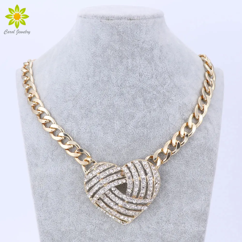 Fashion Gold Metal Chunky Chain Clear Crystal Heart Shaped Pendant