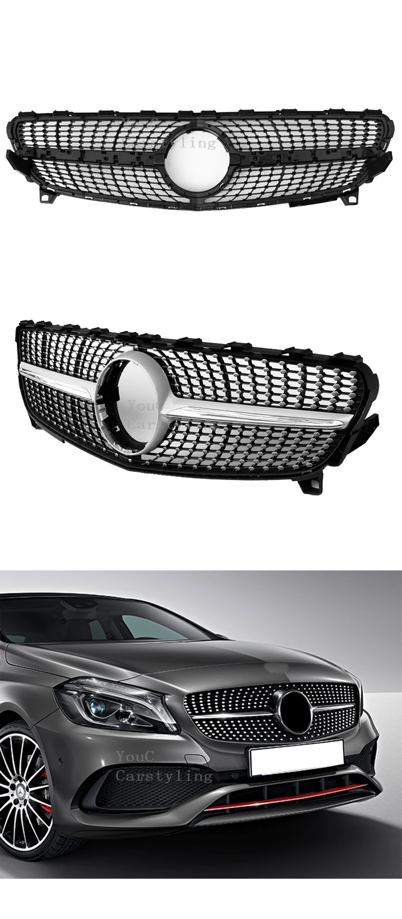 Front Grille GTR GT Grill Diamond AMG Style For Mercedes Benz A-Class W176 A180 A200 A260 A45 Car Styling Front Hood Mesh