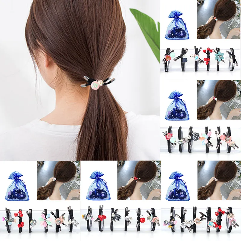 cheap Novelty Handmade Elastic Hair Accessories Set Hair Rope Hair Ring Lovely OPP Bag Red Flower Adjustable 15 Colors Black 6PCS Set