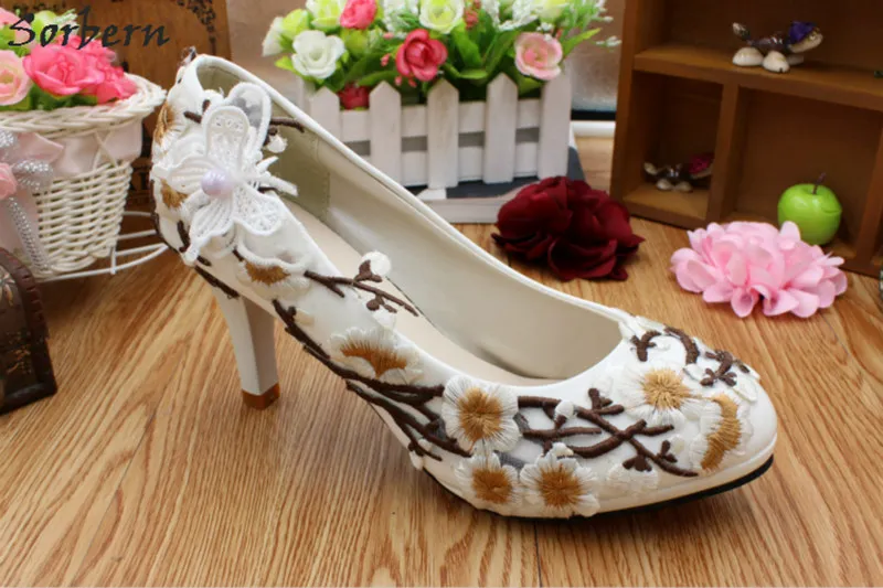 Fleurs Blanc Pompes flat Heel 5cm Talons Fleur 4 8cm De Petit Sorbern Prunier Mariée Heel Nouveau Confortables Mariage Heel Femmes Heel 3cm Chaussures 87S1gxd