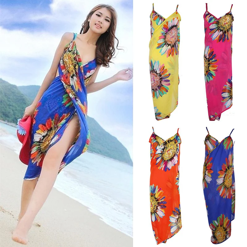 

Seaside Dress Beach Bikini Cover Up Summer Holiday Women Ladies Flower Print Dresses Sexy V-collar Sundress vestidos de festa