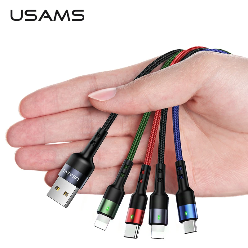 USAMS 4 в 1 Micro USB кабель 3A Тип C для iPhone зарядный 3 Пружинные шнуры x xs Samsung|Кабели