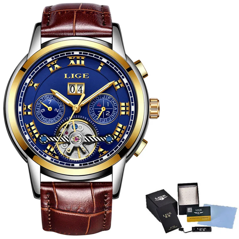LIGE автоматические механические турбийон мужские часы модные роскошные брендовые кожаные часы с календарем стальные спортивные часы Relogio Masculino+ коробка - Цвет: leather gold blue