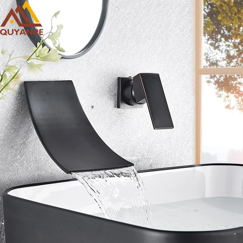 Quyanre Black Chrome Waterfall Basin Faucets Wall Mount Waterfall