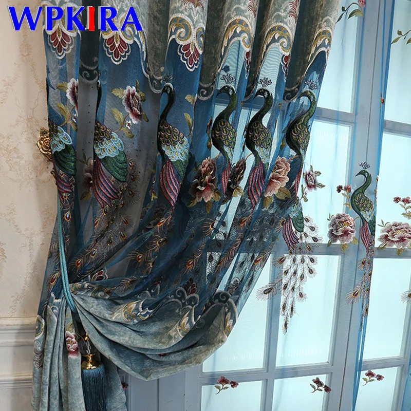 

Luxury Hollow Peacock Chenille Curtain Blackout Curtains Embroidery Fabric for Living Room Bedroom Blue Tulle Drape HC050-40