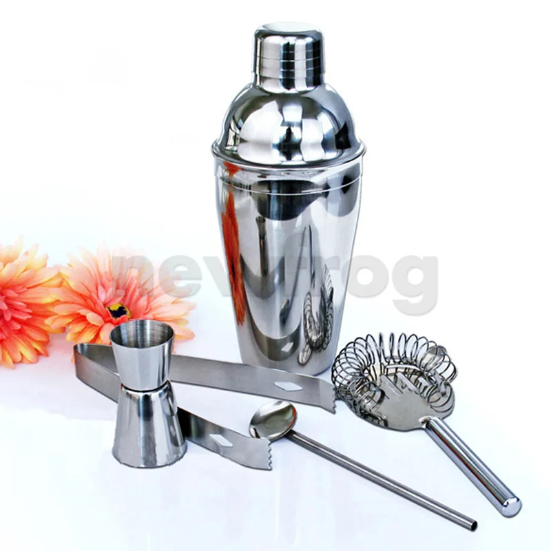 5Pcs 350ml Stainless Steel Cocktail Shaker Mixer Drink Hawthorn Strainer Ice Tongs Mixing Spoon Cup For
